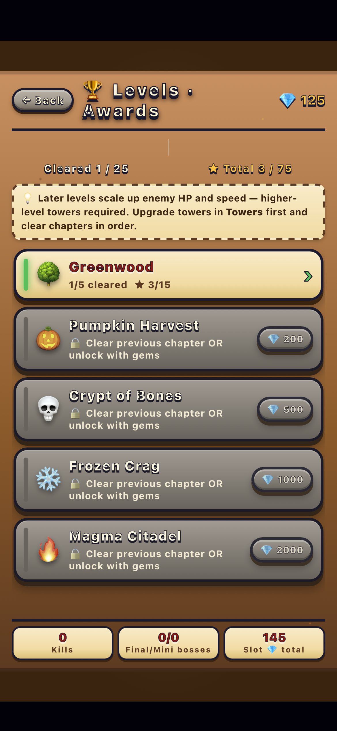 Levels and awards progression screen